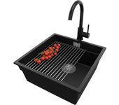 Primagran fregadero granito negro metallic 46x47cm, fregadero cocina 1 seno + sifón + accesorios, fregadero sobre encimera al mueble 50cm