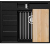 Primagran fregadero cocina negro 62x53cm, fregadero granito 1 seno + sifón + accesorios, fregadero sobre encimera al mueble 45cm - sydney pocket
