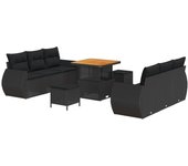 Conjunto de sofá de jardín de 9 piezas con cojines de ratán negro, conjunto de comedor de jardín de 3 piezas con cojines de ratán negro