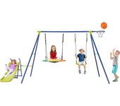 Columpio de exterior 4 en 1 de pórtico y nido de pájaro columpio de cesta extragrande tobogán de 2 plazas para niños de 3 a 12 años