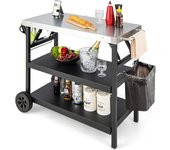 Mesa de barbacoa, carrito de comedor móvil de 3 niveles con estante ajustable, soporte para teléfono móvil, estante para especias, estante de garaje