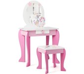 Tocador de maquillaje para niña, mesa de madera con taburete y espejo extraíble, centro de belleza con cajones de dormitorio, 49x34x89 cm (rosa)