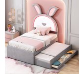 Cama infantil tapizada de 90 x 200 cm, sofá cama individual multifuncional tapizado en tela de terciopelo con cama extraíble, cajones de almacenamient