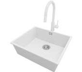 Primagran fregadero granito blanco 56x47cm, fregadero cocina 1 seno + grifo 40x22cm + sifón, fregadero sobre encimera al mueble 60cm - london slim