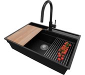 Primagran fregadero granito negro metallic 78x53cm, fregadero cocina 1 seno + sifón + accesorios, fregadero sobre encimera al mueble 80cm