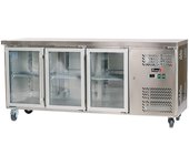 Romux® mesa fría refrigerada de 3 puertas de cristal de 180x60 cm refrigeración ventilada | bajo mostrador frigorífico acero inox de 339 l y 750 w