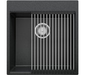 Primagran fregadero cocina grafito 48x50cm, fregadero granito 1 seno + sifón + enrollable escurridor, fregadero sobre encimera al mueble 50cm - oslo