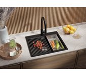 Primagran fregadero cocina negro metallic 58x50cm, fregadero granito 1 seno + sifón + accesorios, fregadero sobre encimera al mueble 60cm - oslo