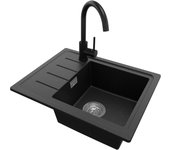 Primagran fregadero granito negro metallic 55x44cm, fregadero cocina 1 seno + sifón + accesorios, fregadero sobre encimera al mueble 45cm