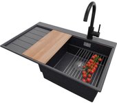 Primagran fregadero granito grafito 78x50cm, fregadero cocina 1 seno + sifón + accesorios, fregadero sobre encimera al mueble 45cm - sydney
