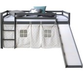 Cama alta para niños 90x200cm con escalera tobogán en madera gris con tela de estrellas lit06173