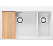 Primagran fregadero cocina blanco 78x50cm, fregadero granito 2 senos + sifón + tabla de cortar, fregadero sobre encimera al mueble 80cm - oslo duo