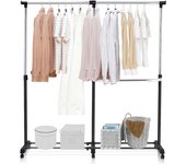 Perchero de pie extensible y regulable en altura con 6 ruedas y 2 frenos, perchero burro con barra doble y estante para zapatos, perchero, negro