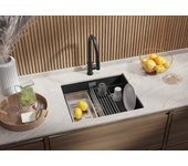 Primagran fregadero bajo encimera grafito 56x47cm, fregadero cocina 1 seno + sifón + enrollable escurridor, fregadero granito al mueble 60cm - prague