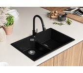 Primagran fregadero cocina negro 78x50cm, fregadero granito 2 senos + sifón, fregadero sobre encimera al mueble 80cm - madrid twin