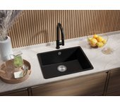 Primagran fregadero cocina negro metallic 56x44cm, fregadero granito 1 seno + sifón, fregadero sobre encimera al mueble 60cm - venecia slim easy