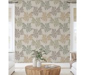 Papel pintado de hojas verdes y ocre con fondo de lino en tonos naturales - savoy whisper 683519 de gaulan - rollo de 10 m x 0,53 m