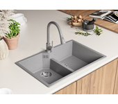 Primagran fregadero cocina gris 78x50cm, fregadero granito 2 senos + sifón, fregadero sobre encimera al mueble 80cm - madrid twin