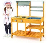 Cocina de juguete de madera para niños, cocina de barro al aire libre con fregadero desmontable y 3 ganchos, fogones y pomos simulados, juguete de
