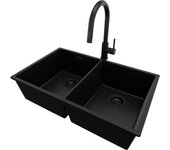 Primagran fregadero granito todo negro 76x47cm, fregadero cocina 2 senos + sifón + accesorios, fregadero sobre encimera al mueble 80cm