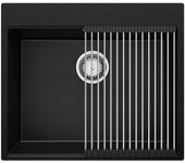 Primagran fregadero cocina negro 58x50cm, fregadero granito 1 seno + sifón + enrollable escurridor, fregadero sobre encimera al mueble 60cm - oslo