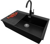 Primagran fregadero granito negro 78x50cm, fregadero cocina 1 seno + sifón + accesorios, fregadero sobre encimera al mueble 80cm - oslo