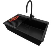 Primagran fregadero granito todo negro 78x50cm, fregadero cocina 1 seno + sifón + accesorios, fregadero sobre encimera al mueble 80cm - oslo