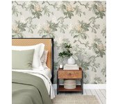 Papel pintado de ramas con hojas verdes y flores amarillas elegantes fondo gris claro - blooming serenade 683428 de gaulan - rollo de 10 m x 0,52 m