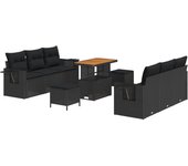 Conjunto de sofá de jardín de 9 piezas con cojines negro de poliratán acacia, conjunto de comedor de jardín de 3 piezas con cojines negro de poliratán