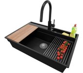 Primagran fregadero granito negro metallic 78x53cm, fregadero cocina 1 seno + sifón + accesorios, fregadero sobre encimera al mueble 80cm