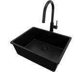 Primagran fregadero granito todo negro 56x44cm, fregadero cocina 1 seno + sifón + accesorios, fregadero sobre encimera al mueble 60cm