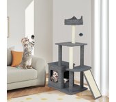 Árbol moderno para gatos de interior torre con postes rascadores rampa sisal caseta percha acolchada juguete colgante gris