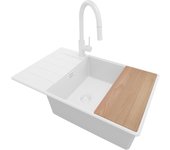 Primagran fregadero granito todo blanco 78x50cm, fregadero cocina 1 seno + sifón + accesorios, fregadero sobre encimera al mueble 60cm - copenhague