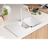 Primagran fregadero cocina blanco 90x50cm, fregadero granito 1,5 senos + sifón, fregadero sobre encimera al mueble 60cm - copenhague duo