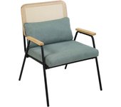 Sillón relax en acero, ratán sintético y tejido verde.