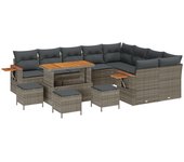 Conjunto de sofá de jardín de 13 piezas con cojines gris de poliratán y acacia, conjunto de comedor de jardín de 4 piezas con cojines gris de poliratá