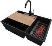 Primagran fregadero granito negro metallic 78x53cm, fregadero cocina 2 senos + sifón + accesorios, fregadero sobre encimera al mueble 80cm - paris
