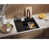 Primagran fregadero cocina negro metallic 62x53cm, fregadero granito 1 seno + sifón + accesorios, fregadero sobre encimera al mueble 45cm