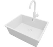 Primagran fregadero granito todo blanco 56x44cm, fregadero cocina 1 seno + sifón + accesorios, fregadero sobre encimera al mueble 60cm