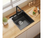 Fregadero de cocina 1 seno 44*49*20cm,inoxidable 304 con filtro de desagüe/dispensador de jabón,fregadero bajo encimera/encimera,gris negro