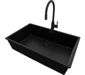 Primagran fregadero bajo encimera todo negro 76x47cm, fregadero granito 1 seno + grifo 40x13cm + sifón, fregadero cocina al mueble 80cm - london