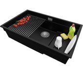 Primagran fregadero cocina negro 76x47cm, fregadero granito 1 seno + sifón + accesorios, fregadero sobre encimera al mueble 80cm - prague slim