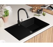 Primagran fregadero cocina negro 90x50cm, fregadero granito 1 seno + sifón, fregadero sobre encimera al mueble 60cm - ibiza