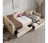 Cama tapizada, sofá cama, somier con cargador usb tipo c y 2 cajones 90x200 cm, tejido de terciopelo beige (colchón no incluido)