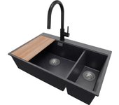 Primagran fregadero granito grafito 78x50cm, fregadero cocina 2 senos + sifón + accesorios, fregadero sobre encimera al mueble 80cm - oslo duo