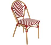 Silla de jardín estilo bistró parisino en aluminio y ratán rojo.