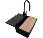 Primagran fregadero granito todo negro 55x50cm, fregadero cocina 1 seno + sifón + accesorios, fregadero sobre encimera al mueble 40cm - copenhague