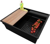 Primagran fregadero cocina todo negro 58x53cm, fregadero granito 1 seno + sifón + accesorios, fregadero sobre encimera al mueble 60cm - oslo pocket