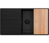 Primagran fregadero cocina todo negro 90x50cm, fregadero granito 1 seno + sifón + accesorios, fregadero sobre encimera al mueble 60cm - copenhague