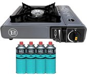 Estufa de gas portátil 1 fuego 2,2 kw + 4 cartuchos de gas butano incluidos piezo encendido - camping hiking cocina al aire libre intec